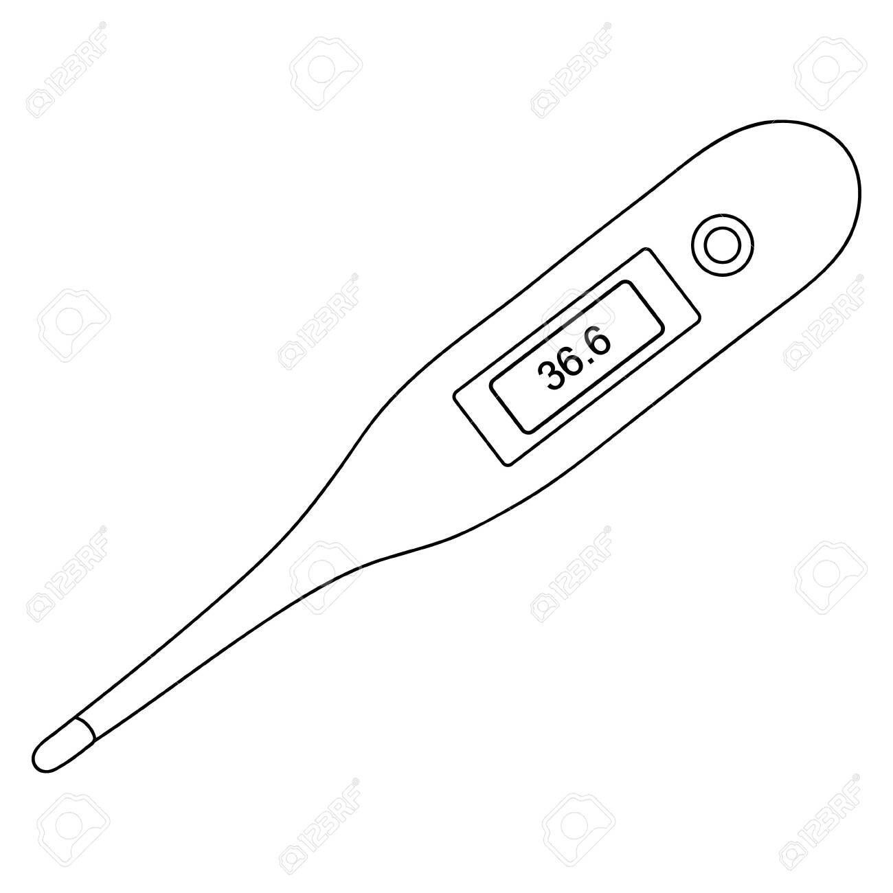 Vector illustration of an electronic thermometer the display shows the result of the body temperature measurement outline on an isolated background coloring book for children and adults medical device sketch royalty