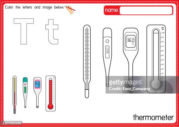Vector illustration of kids alphabet coloring book page with outlined clip art to color letter t for thermometer high