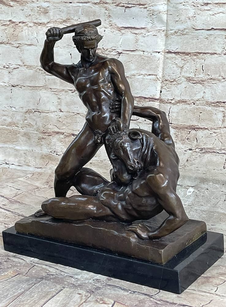 Signed original theseus slaying the minotaur bronze greek mythical art sculpture decorative artwork by think bronze home kitchen