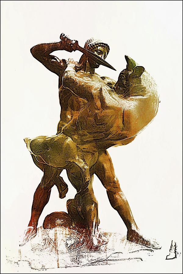 Theseus slaying the minotaur golden pyrography by sheri mcleroy