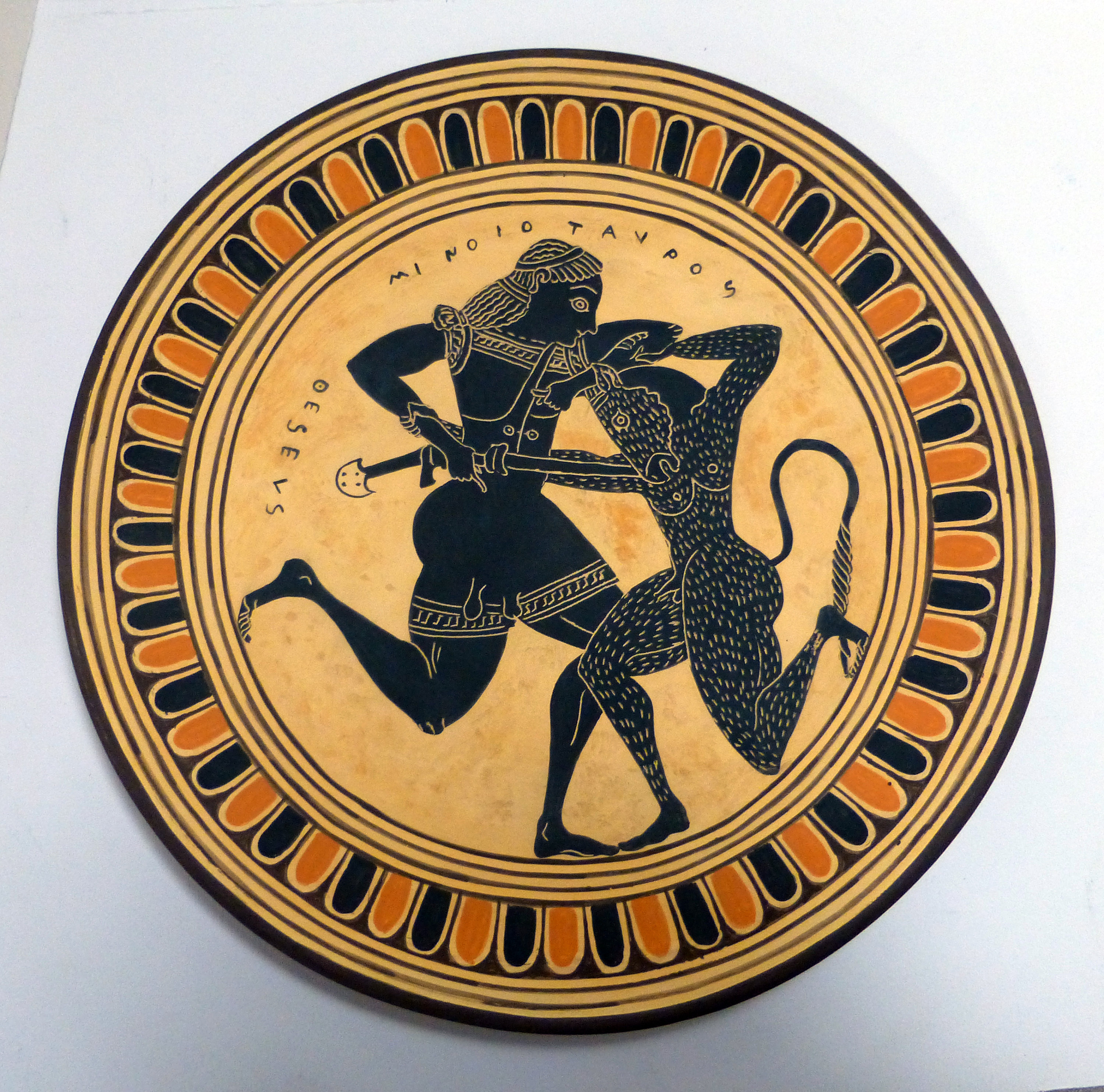 Ceramic plate with theseus slaying the minotaur hand painted and fired earthenware copy of a greek ceramic from toledo museum usa