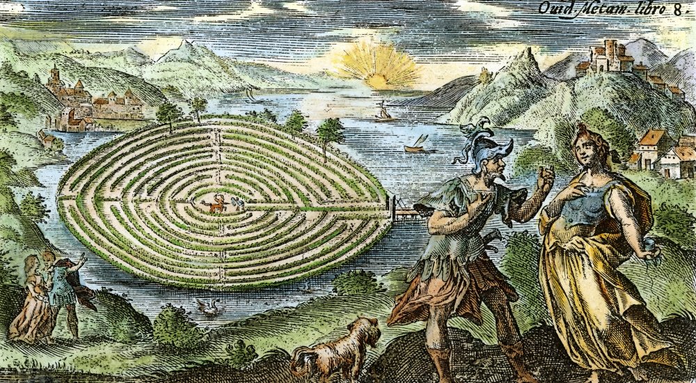 Theseus ariadne ntheseus obtaining from ariadne the thread by which he escaped from the labyrinth after slaying the minotaur colored engraving th century poster print by x posters