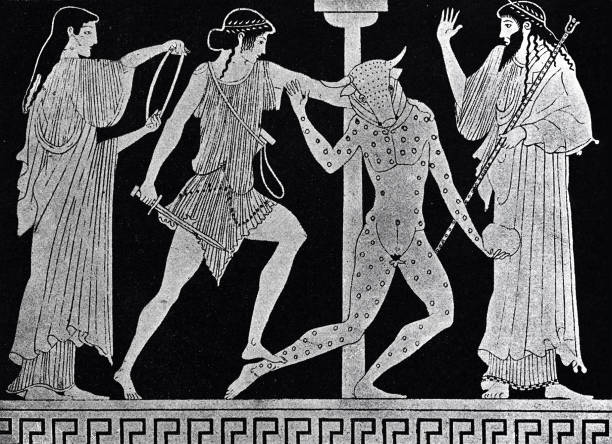 Theseus fighting against the minotaur stock illustration