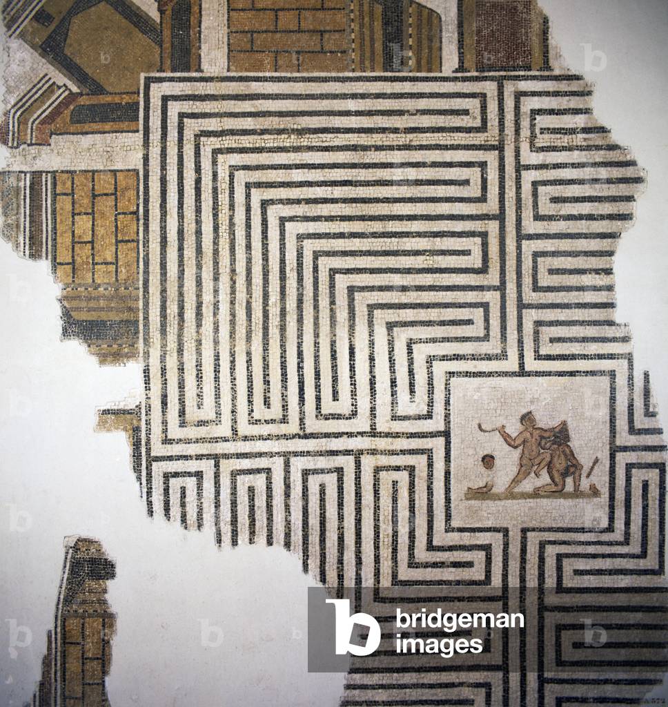 Image of theseus slaying minotaur in labyrinth mosaic from thuburbo majus tunisia