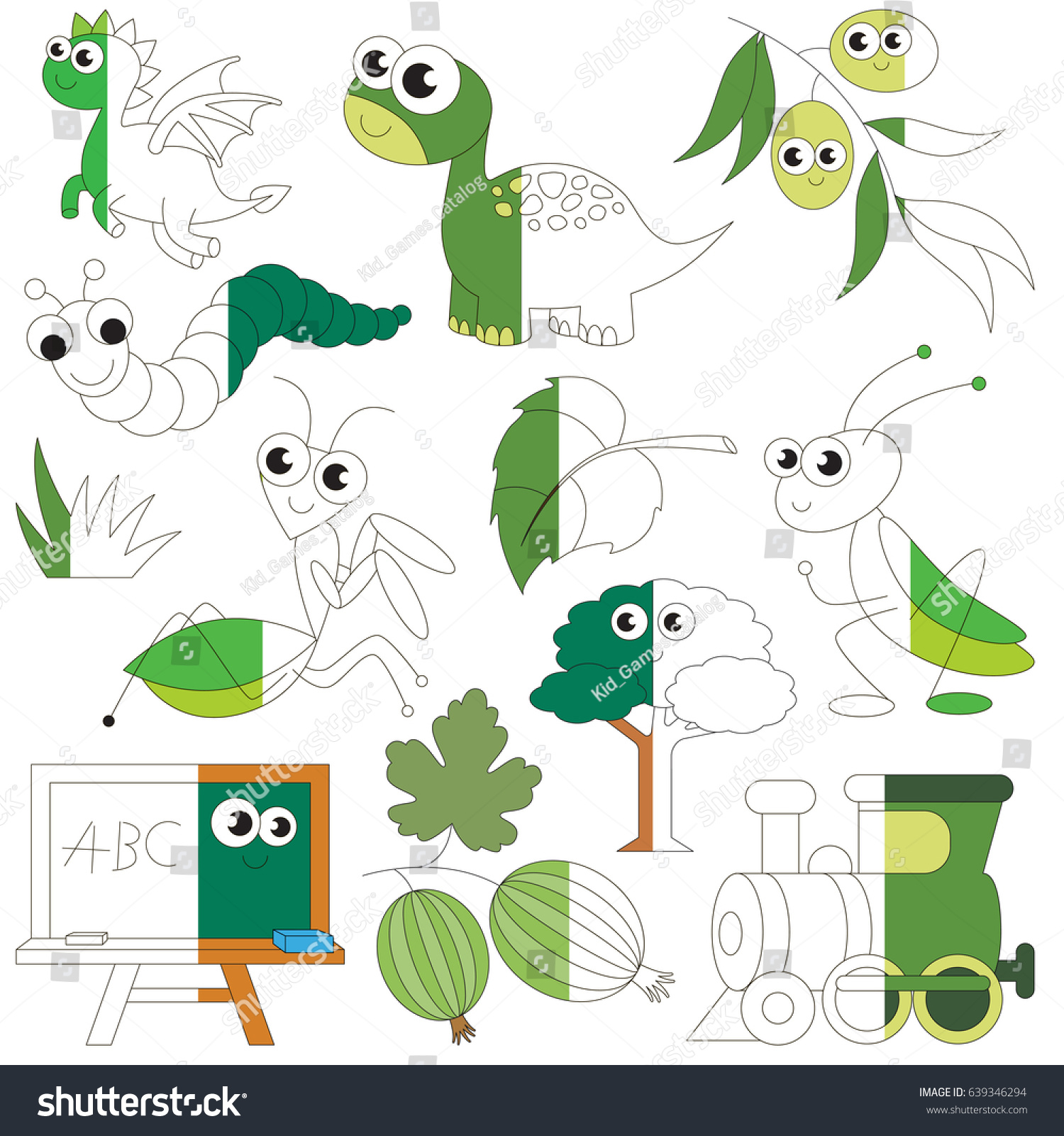 Green color objects big collection coloring stock vector royalty free
