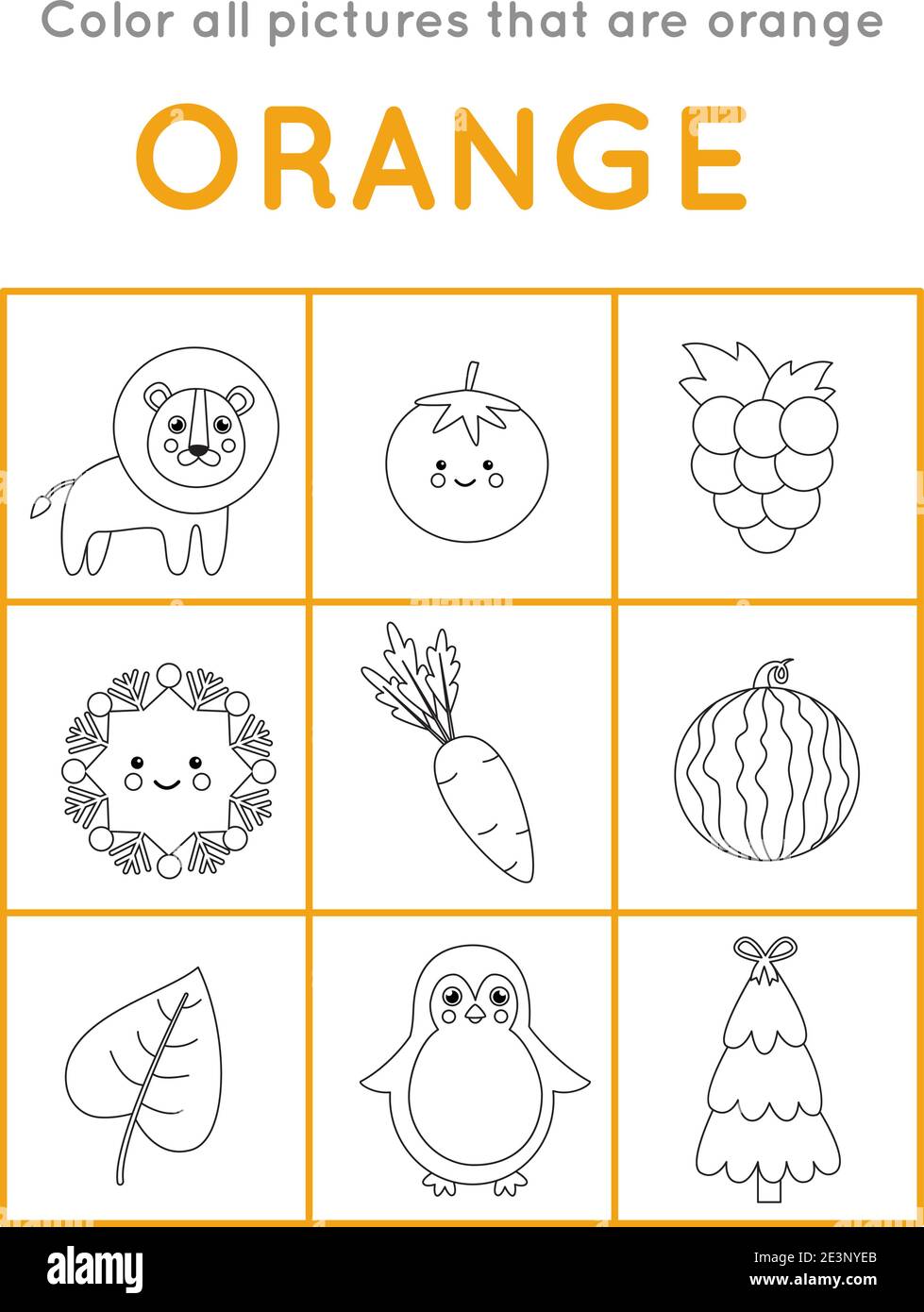 Color all objects that are orange color educational coloring game for kids stock vector image art