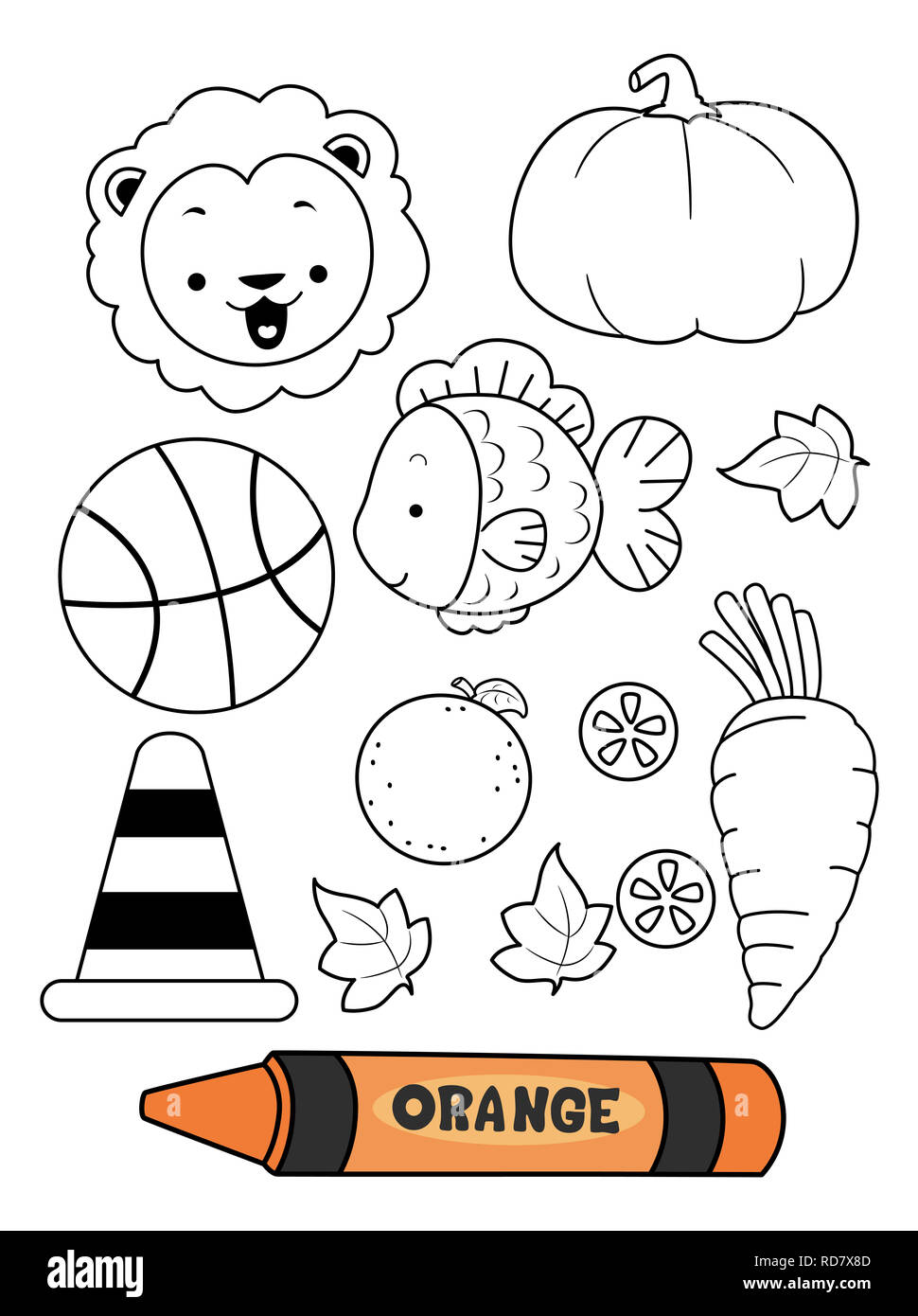 Illustration of an orange crayon with orange colored elements in a coloring page stock photo