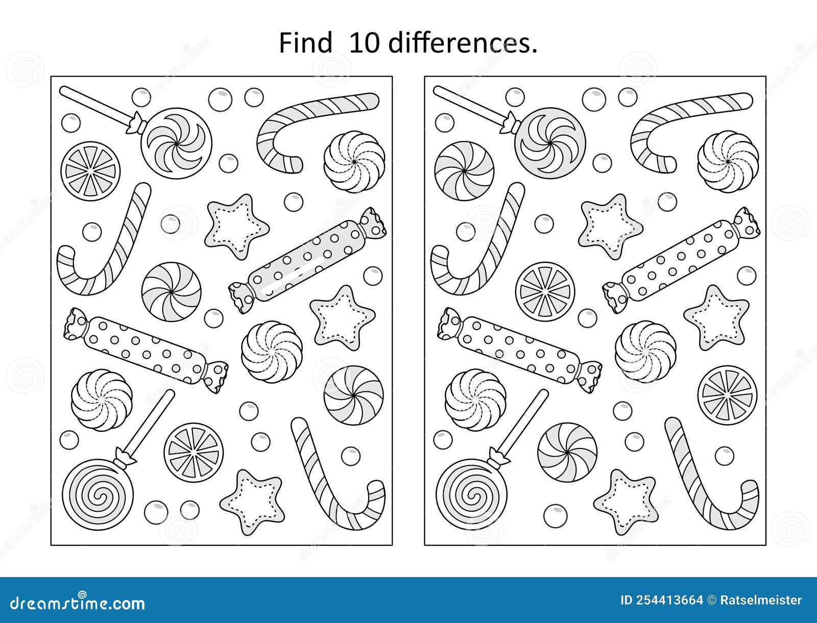 Find differences visual puzzle and coloring page with winter holidays new year or christmas candy and cookies stock photo