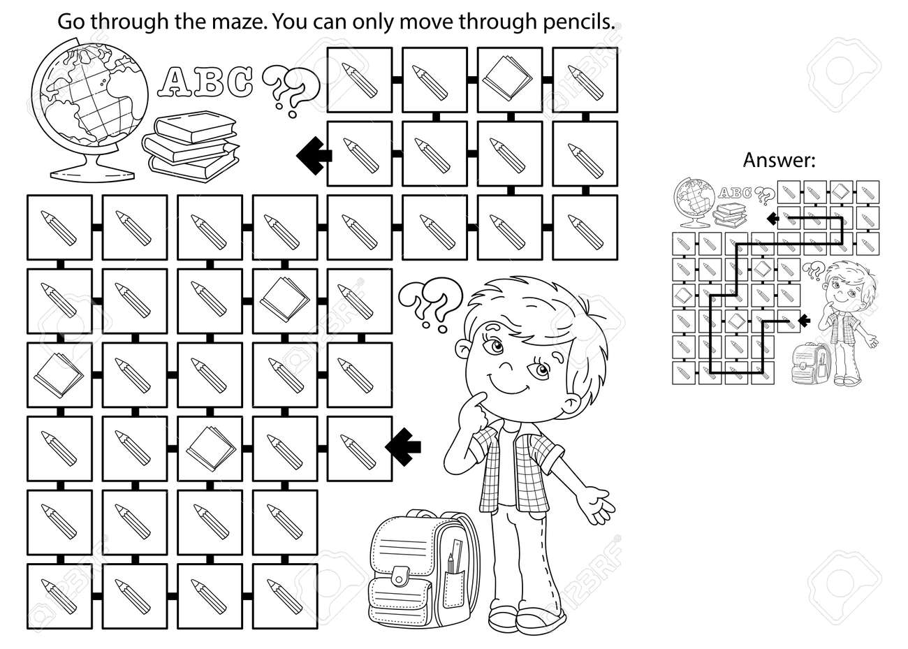 Maze or labyrinth game puzzle coloring page outline of cartoon boy with school supplies coloring book for kids royalty free svg cliparts vectors and stock illustration image