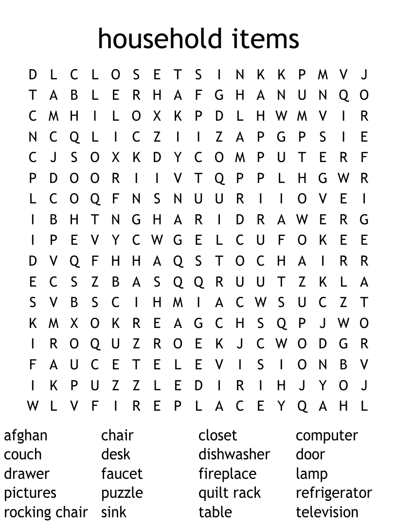 Household items word search