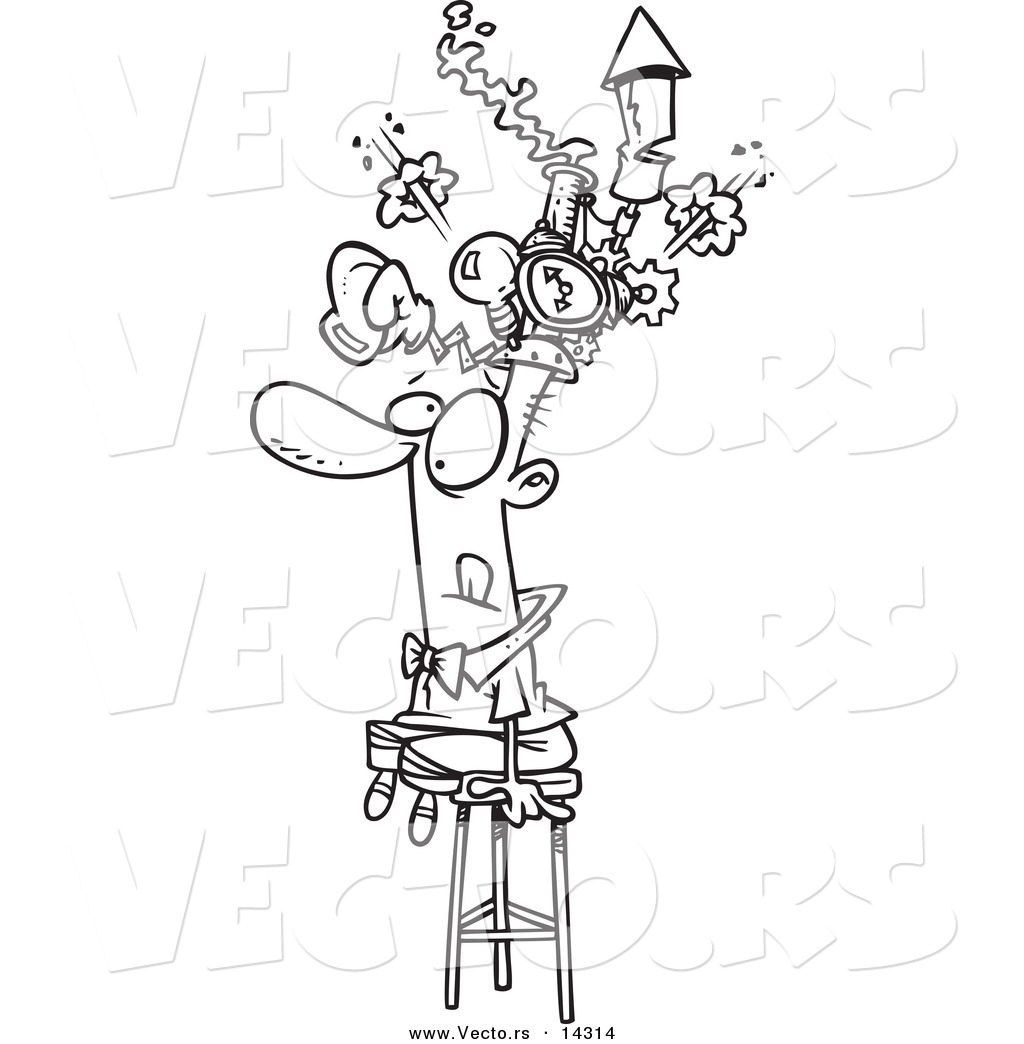 R of a cartoon man sitting on a stool and wearing a thinking cap