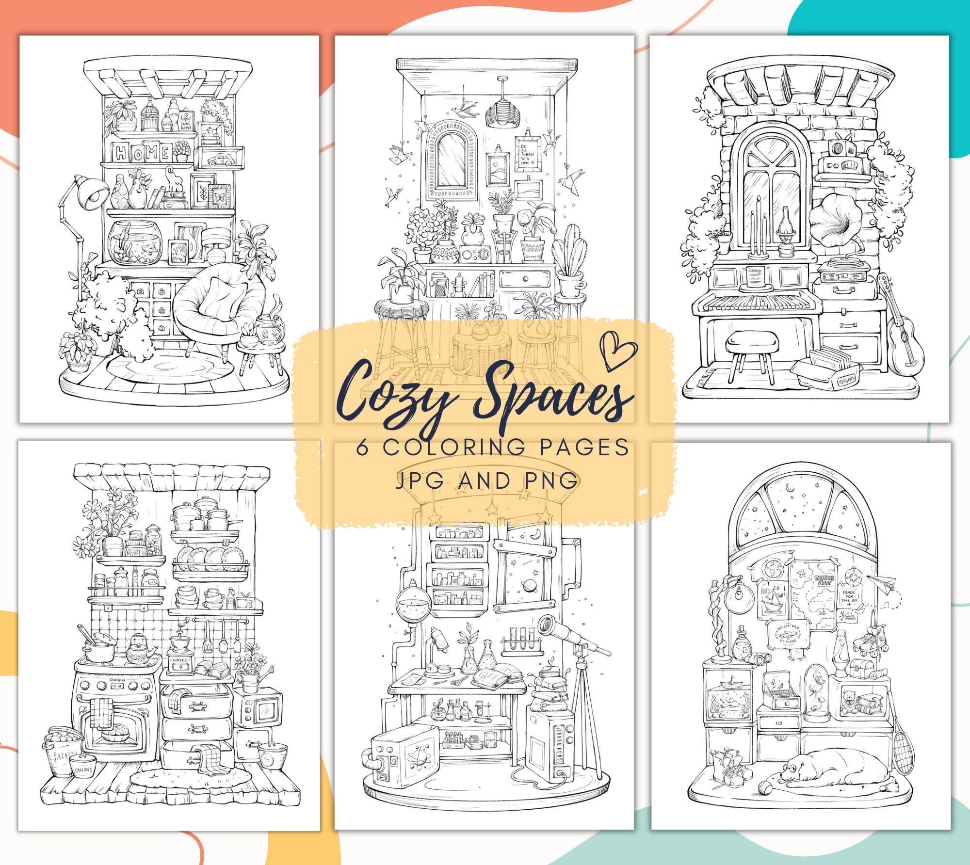 Cozy spaces interiors coloring pages printables rooms procreate png jpg by reydaprints
