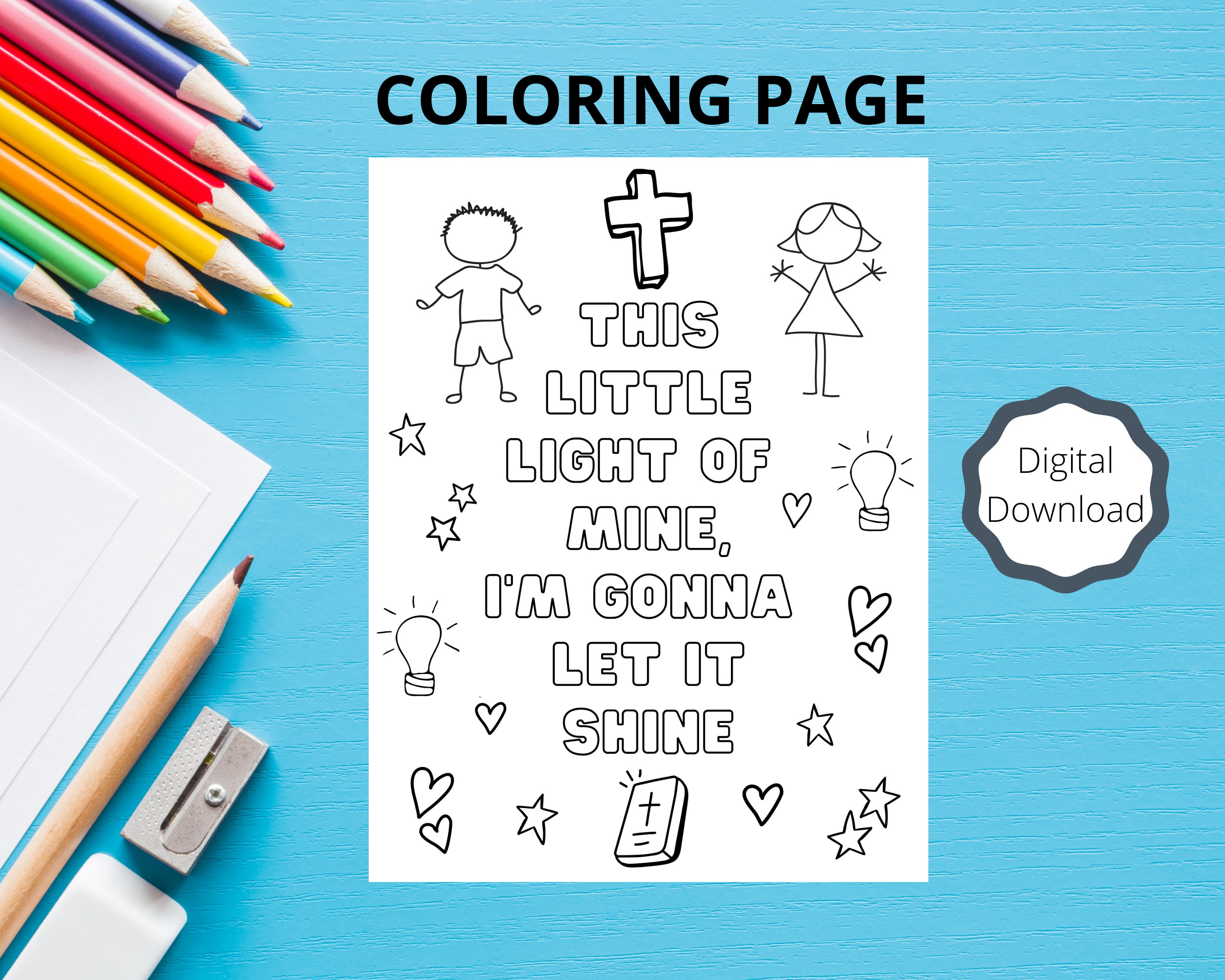 This little light of mine im gonna let it shine coloring page kids coloring page bible verse faith sunday school coloring kids instant download