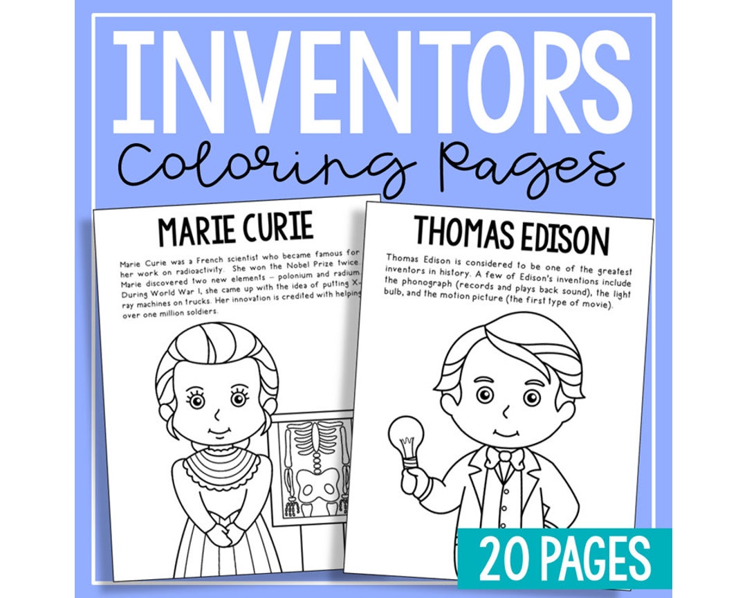 Famous inventors coloring page activity homeschool printables preschool kindergarten bulletin board classroom decor worksheets instant download