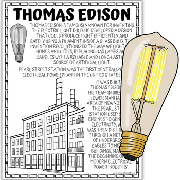 Thomas edison inventor biography research coloring page and poster