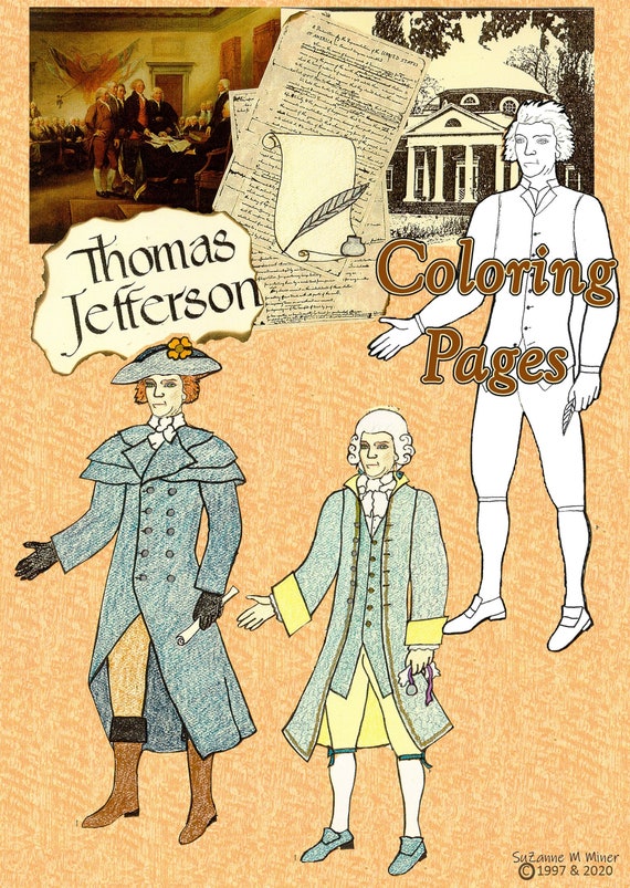 Thomas jefferson paper doll coloring pages digital download formal suit vest riding coat and hat