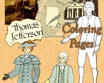 Thomas jefferson paper doll coloring pages digital download formal suit vest riding coat and hat