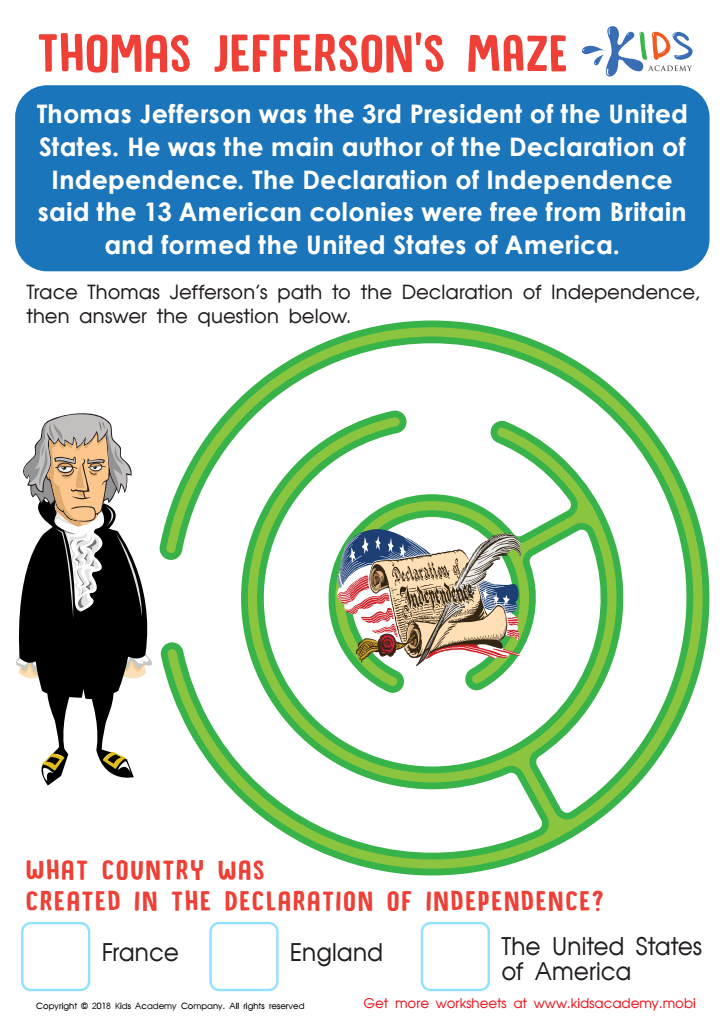 Thomas jeffersons maze worksheet printable pdf for kids