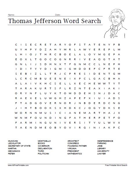 Thomas jefferson word search â free printable