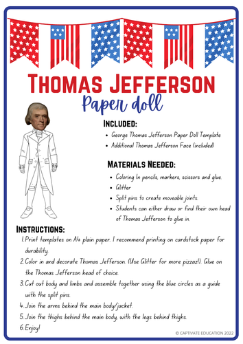 Thomas jefferson paper doll presidents day printable crafty activity patriotic teaching resources