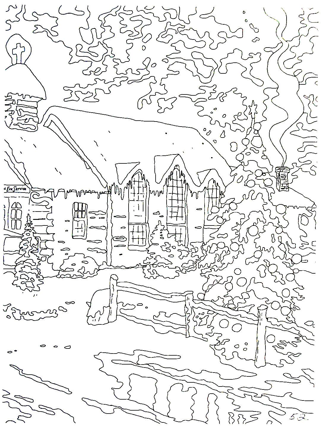 Christmas chapel i thomas kinkade painting coloring book printable page christmas coloring pages coloring books abstract coloring pages