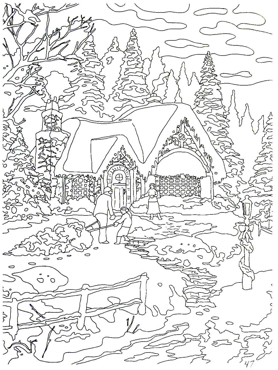 Country christmas homeing thomas kinkade painting coloring book printable page christmas coloring pages coloring pages coloring books