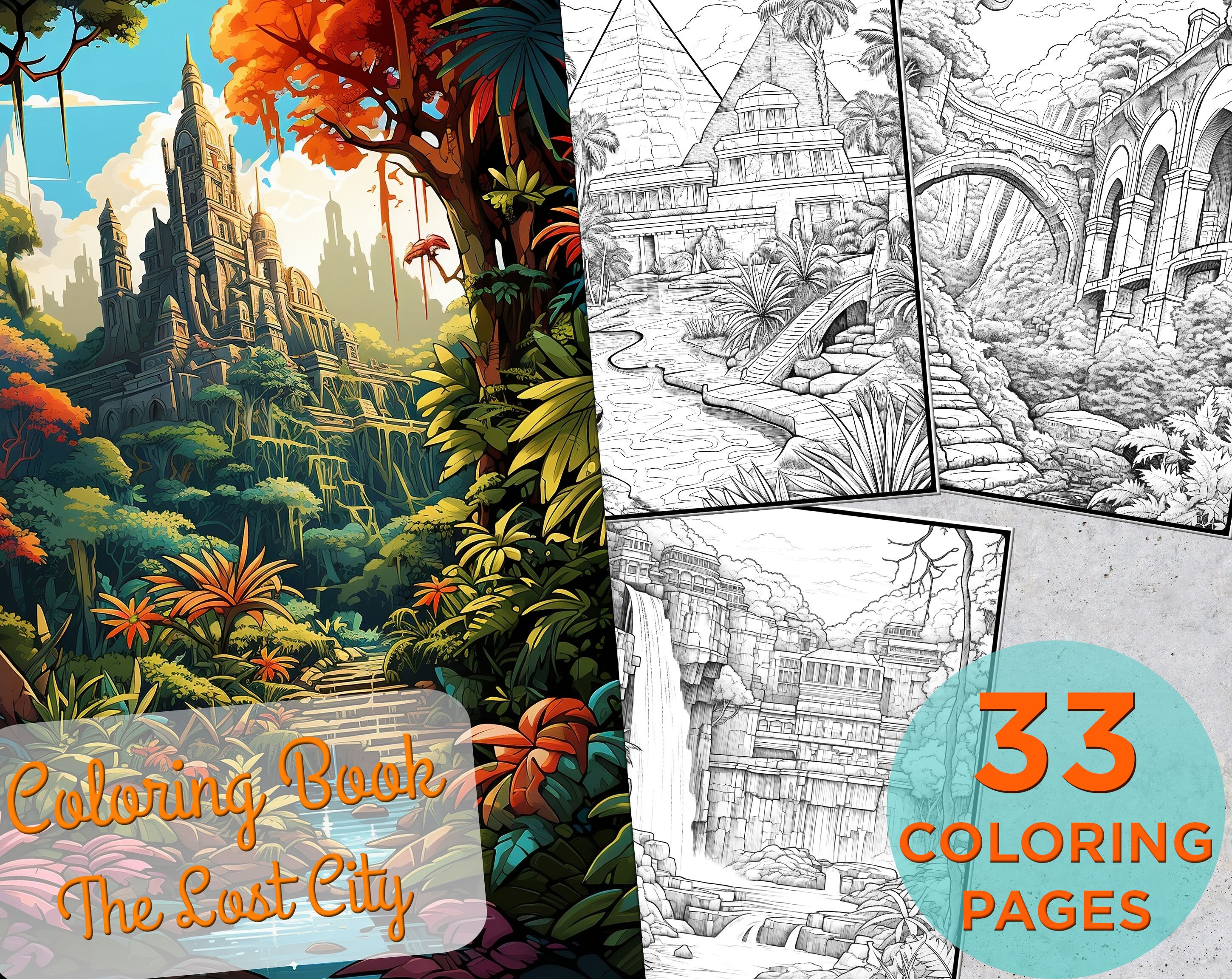 Lost city coloring pages adults printable grayscale coloring page hidden town coloring pages adults ancient city digital coloring book