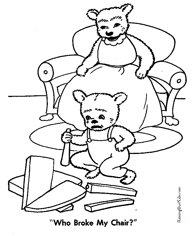 Three bears coloring page broken chair