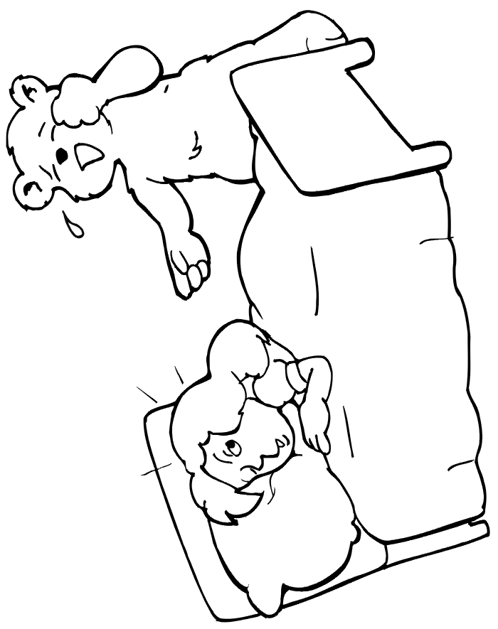 Goldilocks coloring page baby bear finds goldilocks in bed