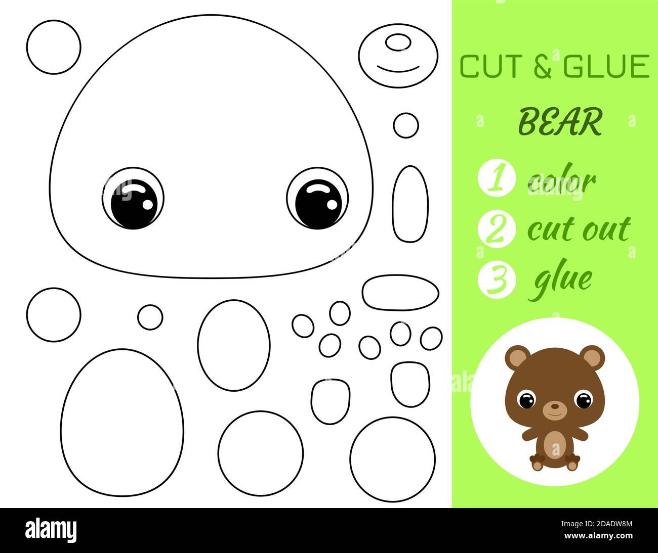 Simple educational game coloring page cut and glue sitting baby bear for kids educational paper game for preschool children color cut parts and glu stock vector image art