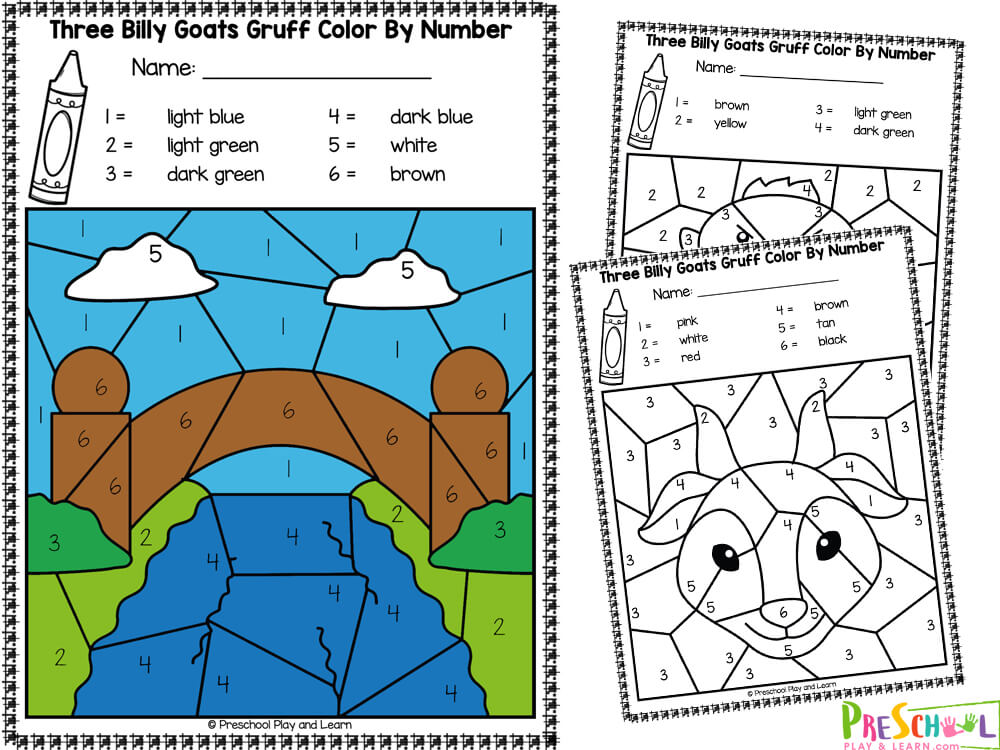 Ð free three billy goats gruff color by number worksheets