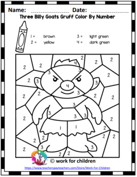 Three billy goats gruff color by number worksheets by work for children