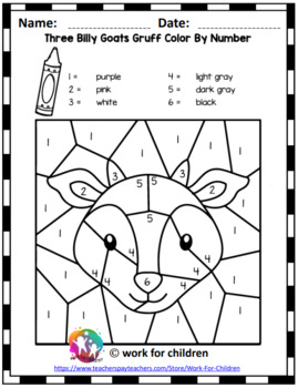 Three billy goats gruff color by number worksheets by work for children