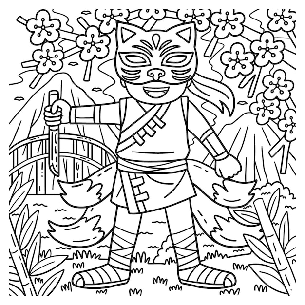 Premium vector a cute and funny coloring page of a ninja with a kitsune mask and tail provides hours of coloring fun for children color this page is very easy suitable
