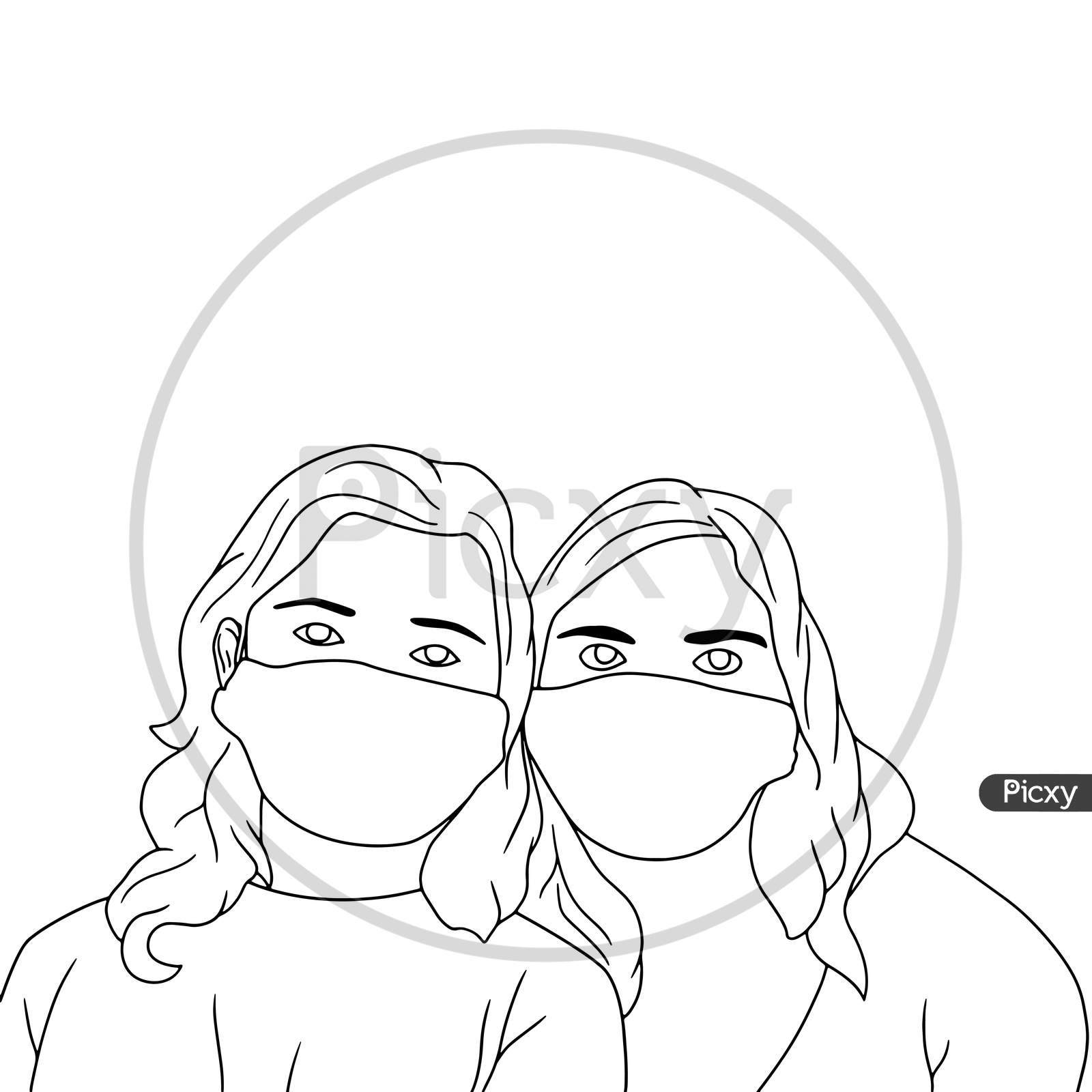 Image of coloring pages illustration of people with mask on white background vector illustration of people in mask for your covid
