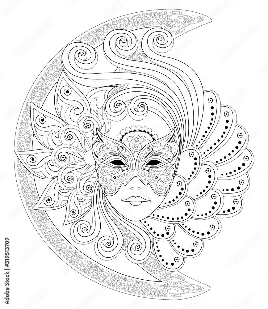 Vektorovã grafika âfantasy drawing of girl face in beautiful venetian carnival mask black and white page for coloring book poster for fashion and beauty modern print embroidery decoration hand