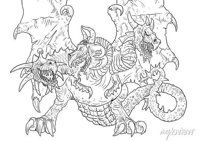 Three headed dragon coloring page outline illustration dragon â wall stickers huge children lizzard