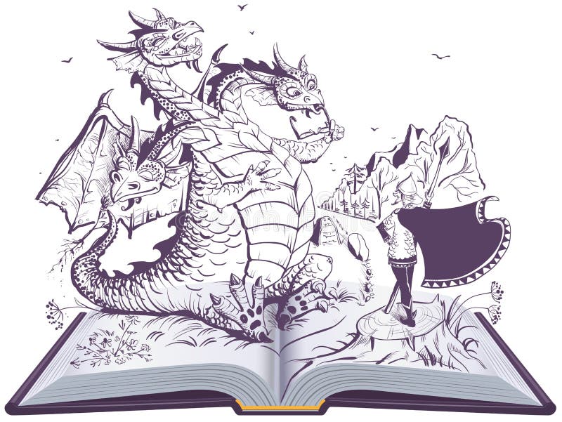 Dragon and funny hero open book illustration russian three headed snake gorynych and knight stock vector