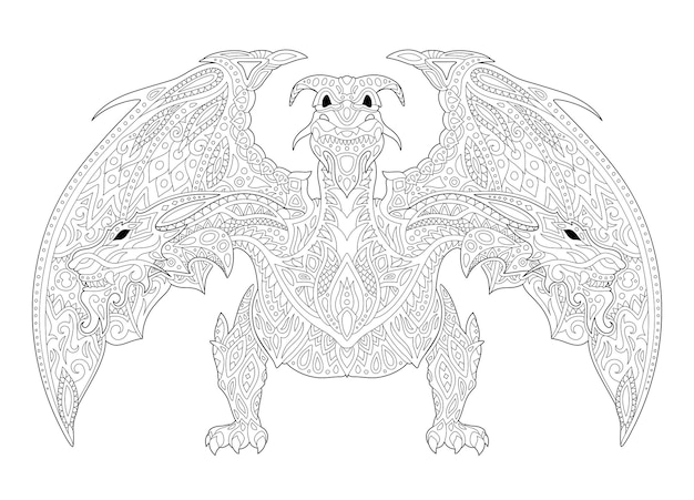 Premium vector beautiful monochrome linear vector illustration for fantasy coloring book page with three headed ornate dragon silhouette isolated on the white background