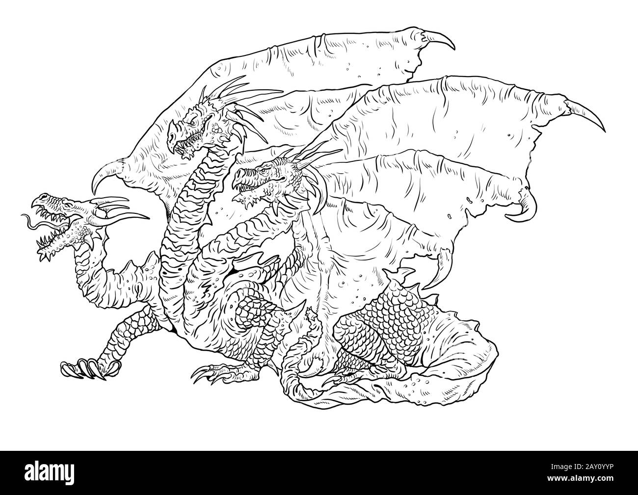 Three headed dragon coloring page outline illustration dragon drawing coloring sheet stock photo