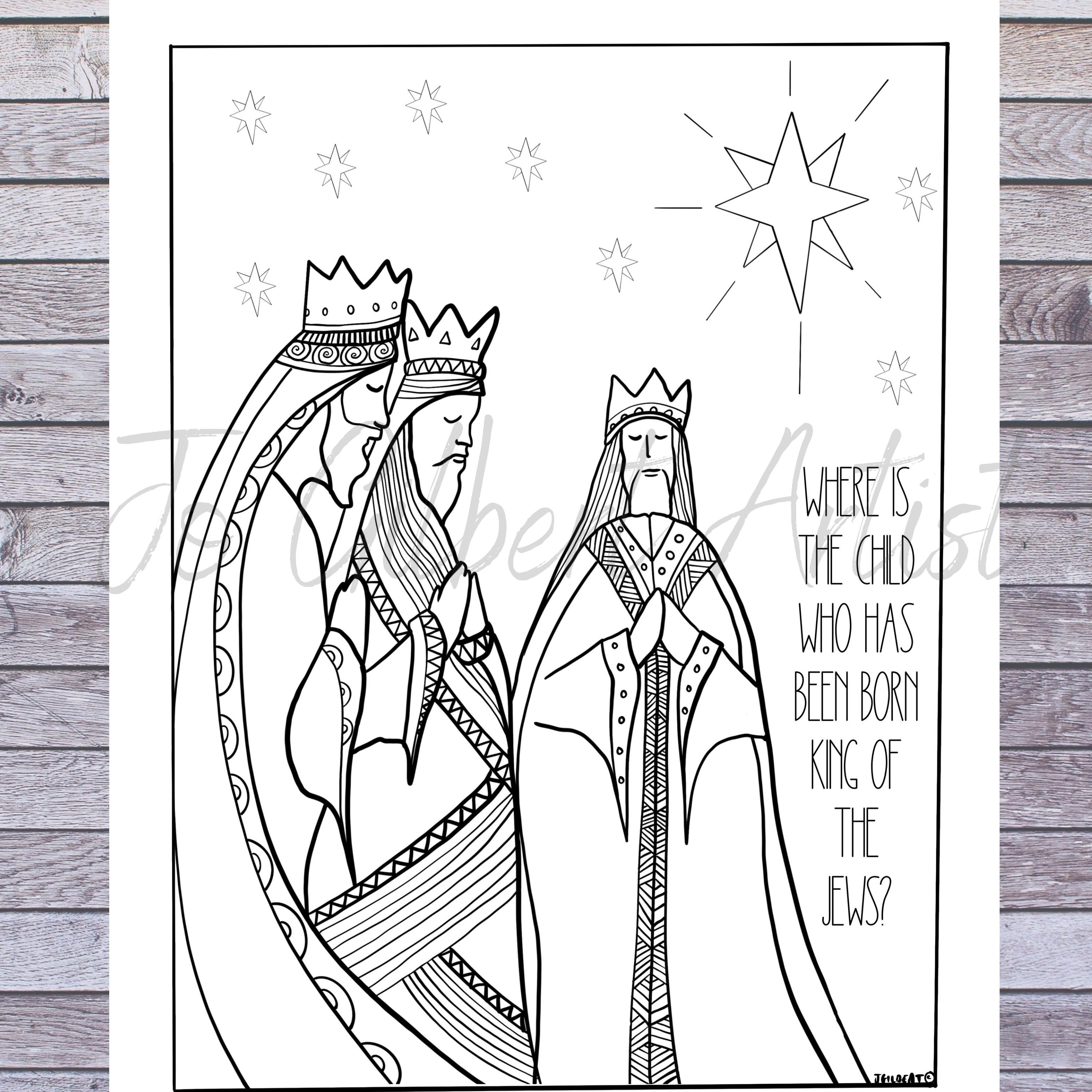 Three wise men printable christmas coloring page hand illustrated instant download print color at home matthew download now