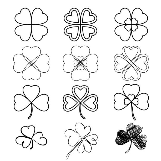 Set leaf clover three and four leaf silhouettes handdrawn stylized st patricks day stock vector stock illustration