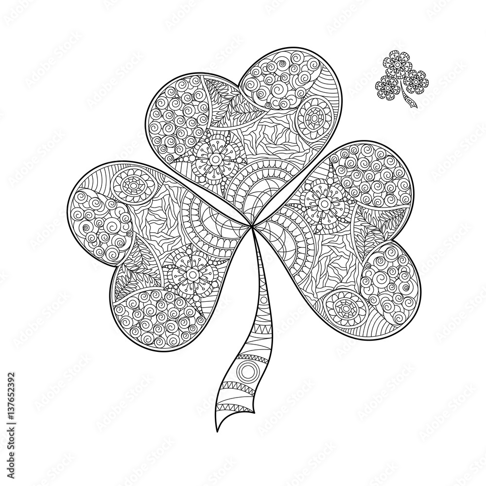 Coloring book shamrock on st patricks dayblack and white clover with three leaves decorated with hand draw doodle pattern vector sign of good luck vector