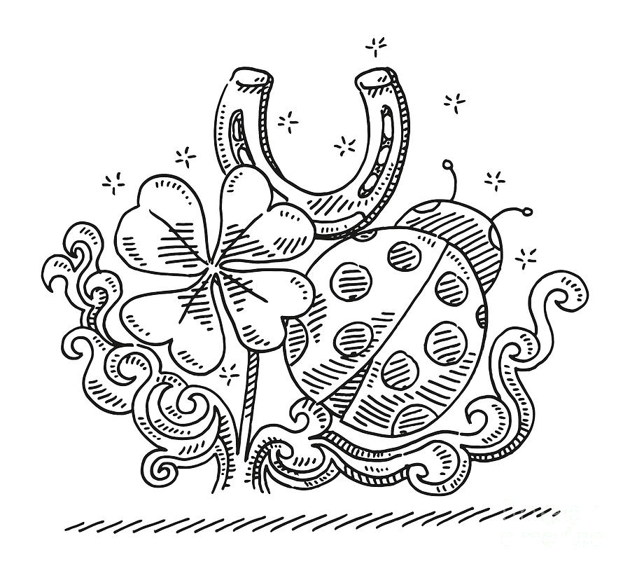 Lucky charms four leaf clover ladybug horseshoe drawing drawing by frank ramspott