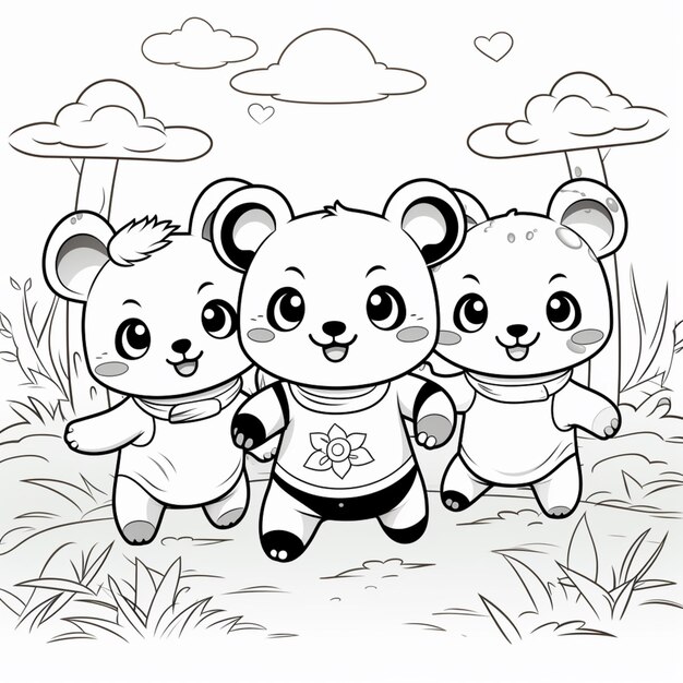Premium ai image coloring pages of three little panda bears walking in the grass generative ai