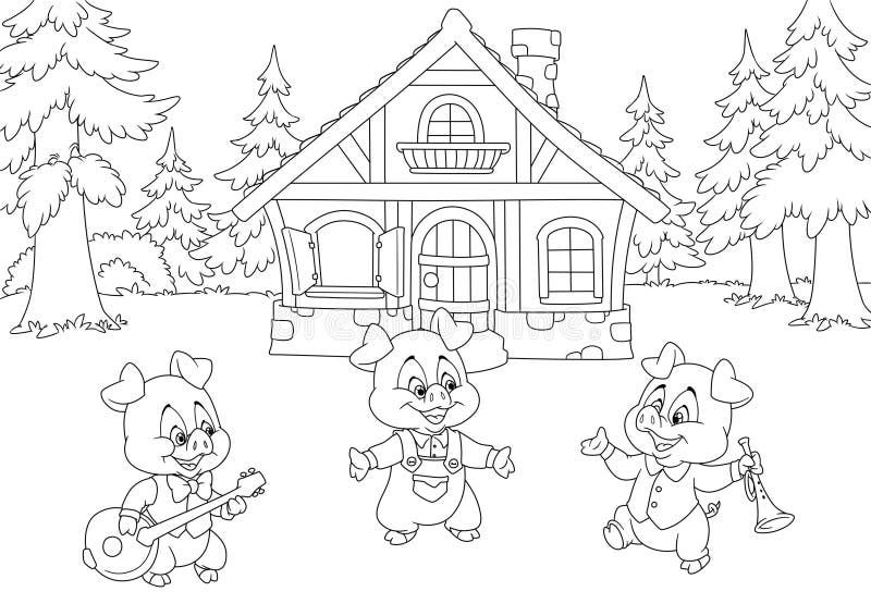 Fairy tale three little pigs forest nature house background cartoon coloring page stock illustration