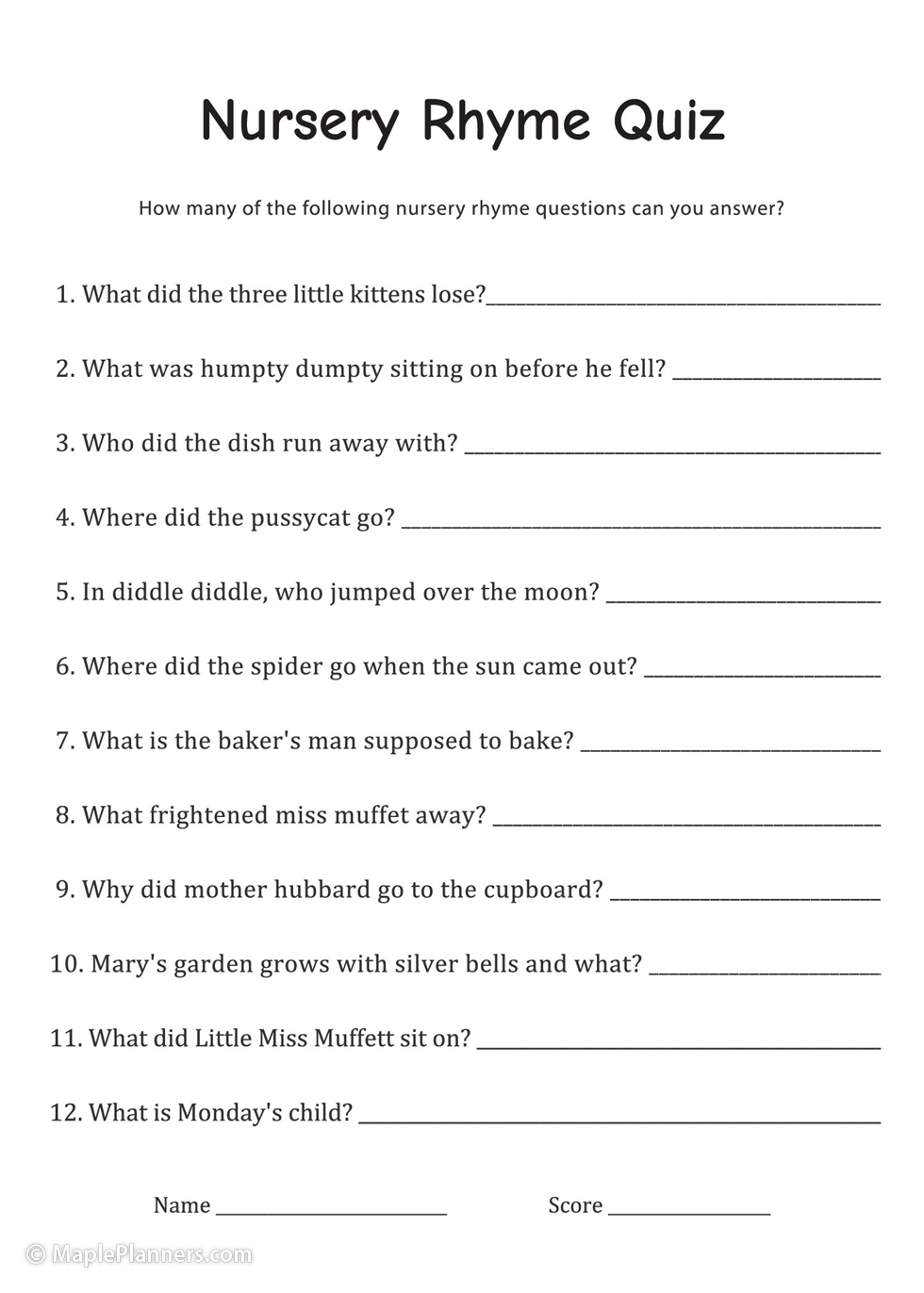 Free printable nursery rhyme quiz