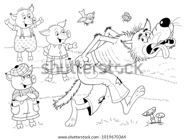 Three little pigs fairy tale coloring stock illustration