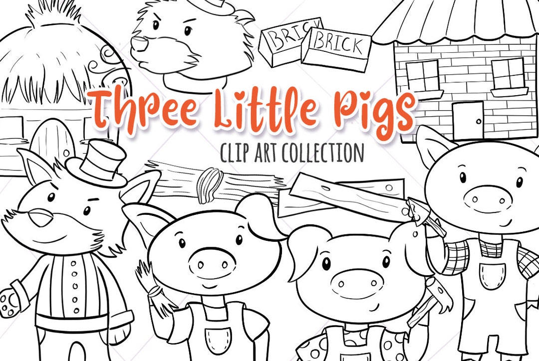 Three little pigs fairy tale black and white illustrations fairy tale coloring pages three pigs digital stamps