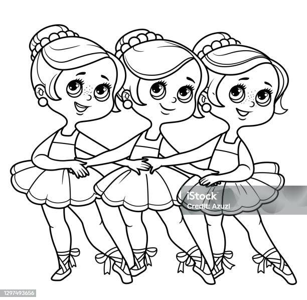 Three cartoon girls ballerinas dancing the dance of little swans outlined for coloring isolated on a white background stock illustration